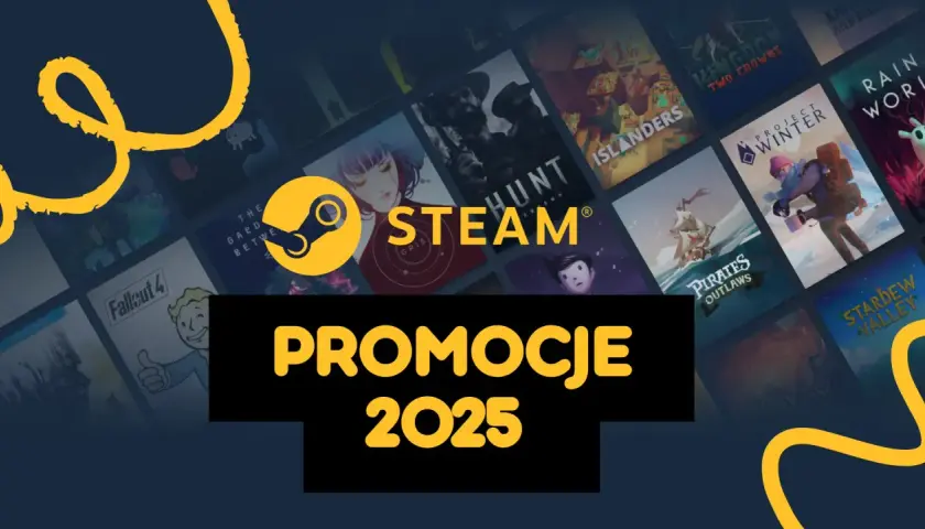 Logo Steam i okładki gier na tle, z napisem "Promocje 2025".