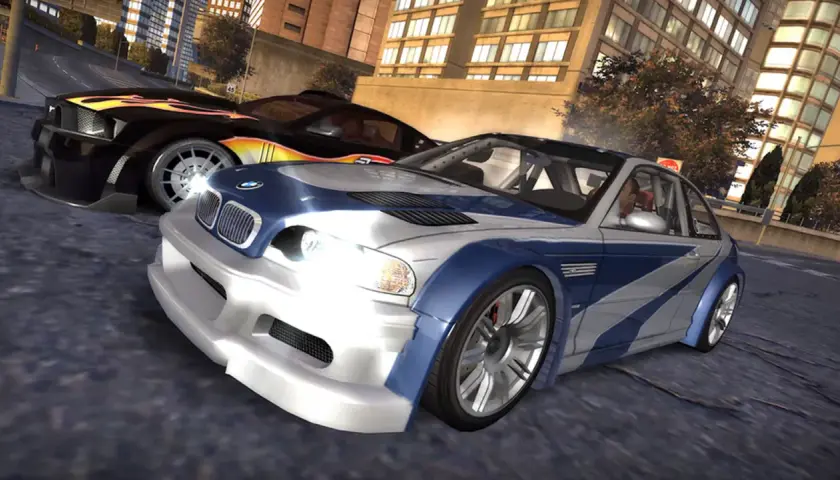 BMW M3 i Mustang z płomieniami, gotowe do wyścigu w NFS Most Wanted Redux.