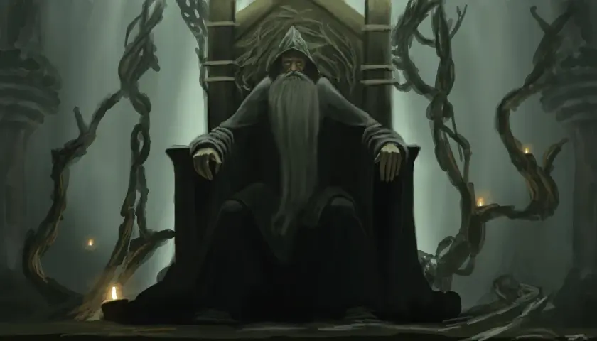 Stary czarodziej z długą brodą siedzi na tronie, otoczony przez pnącza i świece. Inspiracja dla Wizards of the Coast MTG.