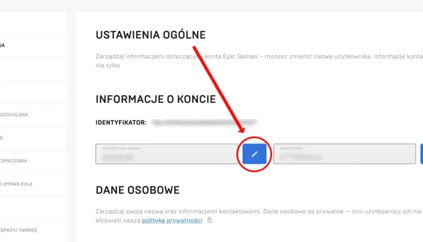 Ustawienia konta Epic Games. Kliknij ikonę edycji obok nazwy wyświetlanej, aby dowiedzieć się, jak zmienić nazwę w Fortnite.