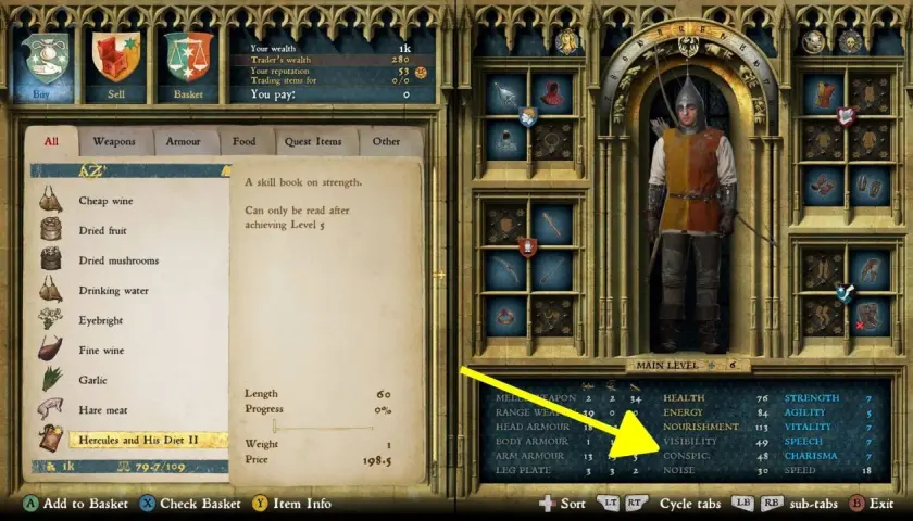 Interfejs gry Kingdom Come: Deliverance. Gracz przegląda przedmioty, szukając książki "Hercules and His Diet II", która może być kluczem do rozwoju postaci, niczym w Kingdom Come Deliverance trainer.