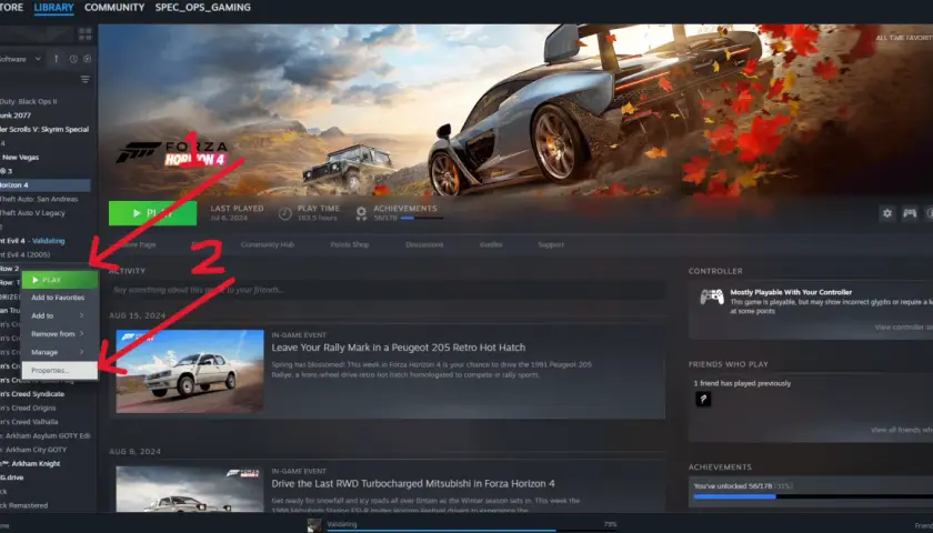Ekran Steam z menu kontekstowym gry "Saints Row 2" otwartym na opcji "Właściwości".