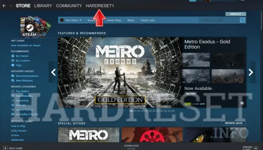 Jak sprawdzić kod URL Steam? Na zrzucie ekranu widać okno aplikacji Steam z podświetloną nazwą użytkownika "HARDRESET1" na górnym pasku.