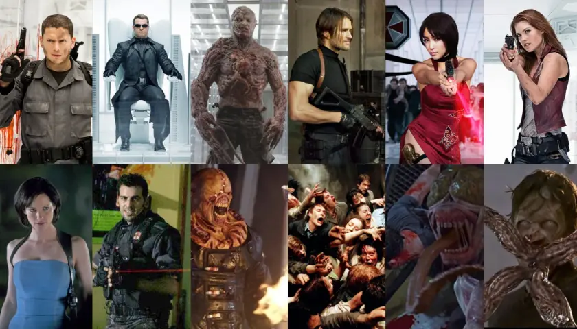 Kompilacja przerażających resident evil postacie: żołnierze, potwory i zombie.