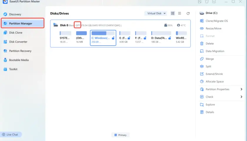 W programie EaseUS Partition Master widzisz, jak sprawdzić czy dysk jest MBR czy GPT. Dysk 0 ma oznaczenie GPT.
