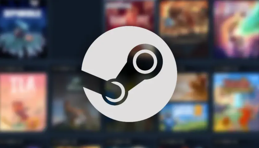 Logo Steam na tle rozmytych okładek gier.