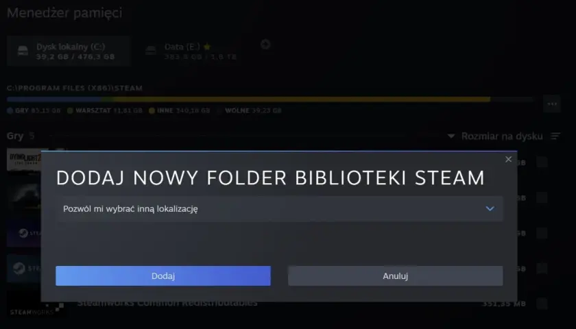 Okienko "DODAJ NOWY FOLDER BIBLIOTEKI STEAM" z opcją wyboru lokalizacji. Czy można przenieść grę z jednego konta Steam na drugie?