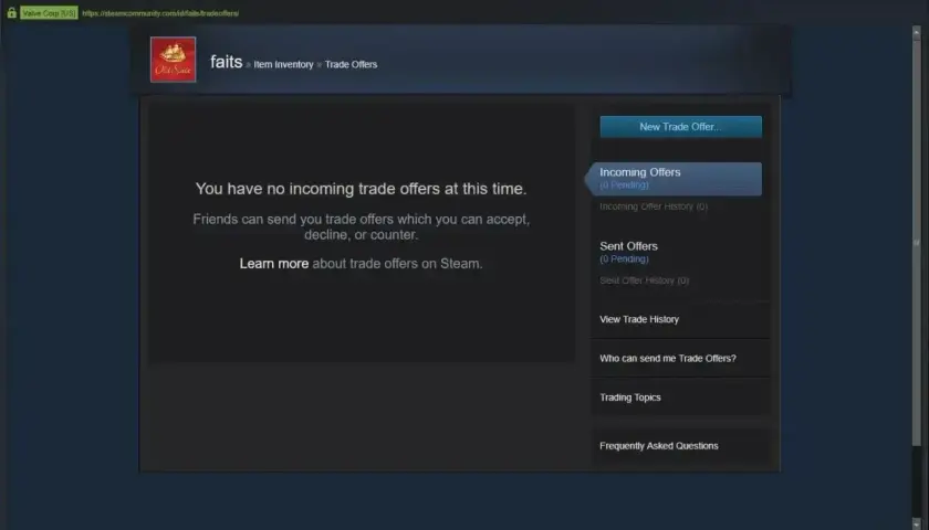Ekran Steam pokazuje sekcję "Trade Offers", gdzie można zobaczyć, jak zobaczyć swój trade link Steam. Brak ofert.