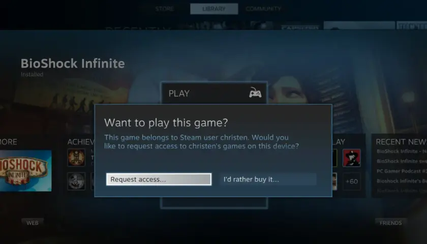 Okno dialogowe Steam z pytaniem o dostęp do gry BioShock Infinite, z opcjami "Request access..." i "I'd rather buy it...".