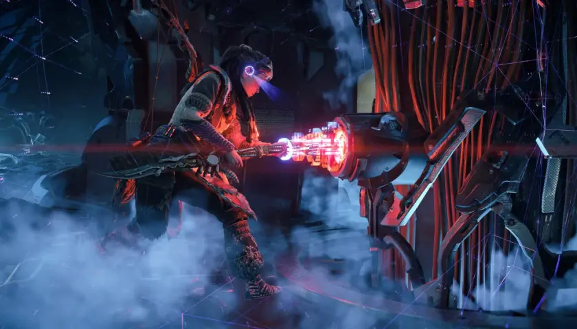 Aloy z Horizon Forbidden West premiera walczy z mechanicznym potworem w futurystycznym otoczeniu.