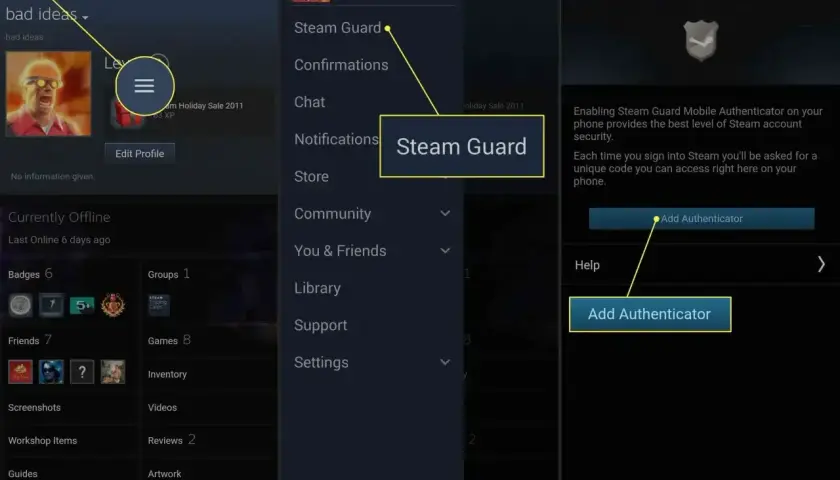 Gdzie zmienić hasło na Steam? Kliknij menu, wybierz Steam Guard, a następnie dodaj Authenticator.