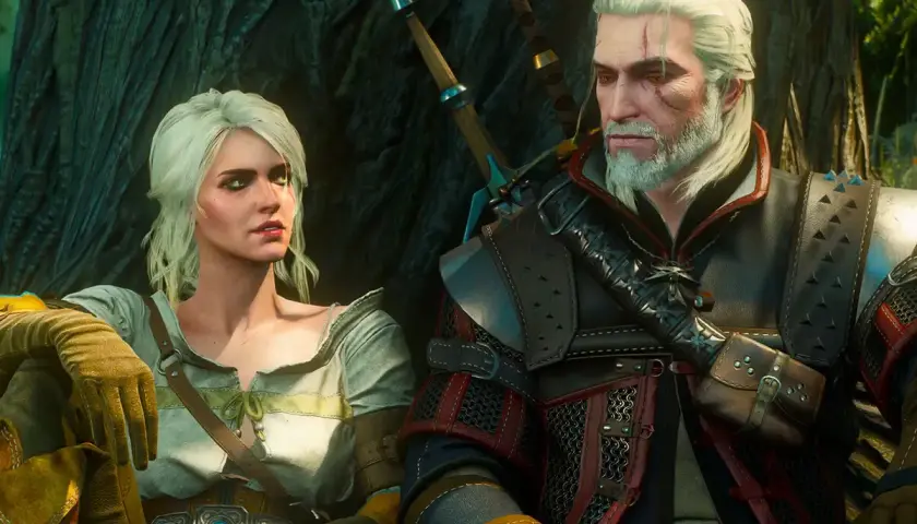 Geralt i Ciri, bohaterowie kultowych **gier fabularnych po polsku**, odpoczywają w lesie.