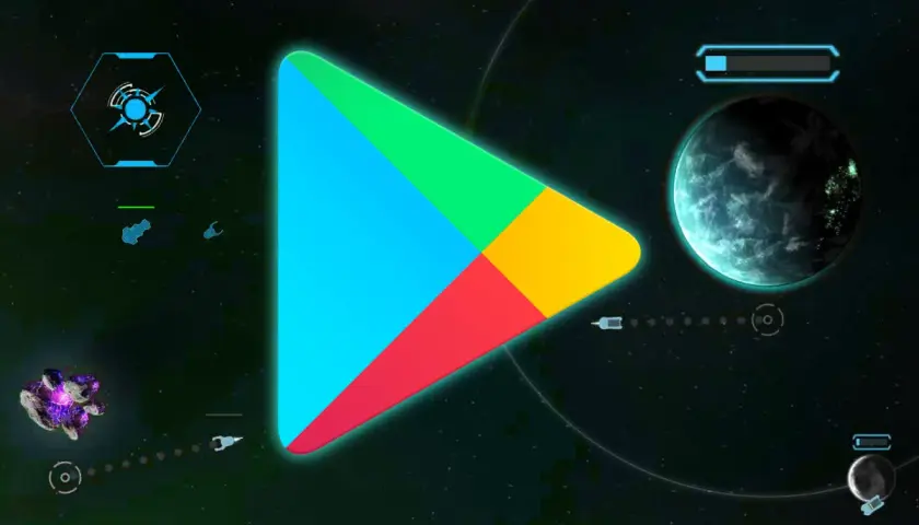Kosmiczna podróż po fajne gry na tablet. Logo Google Play na tle planet i statków kosmicznych.