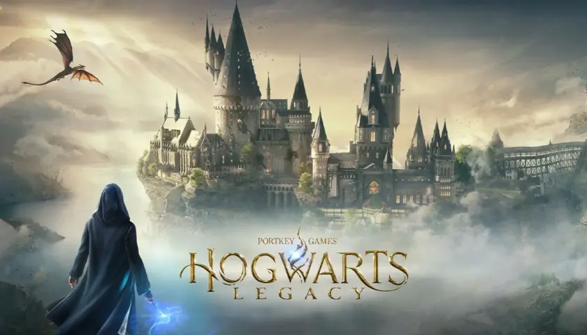 Magiczny zamek Hogwart, smok i postać z różdżką. Okładka gry Hogwarts Legacy na Xbox One.