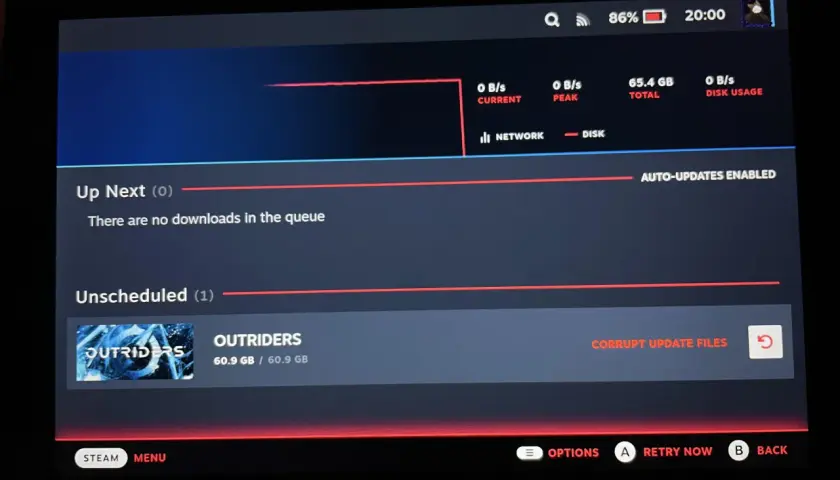 Steam: gra Outriders ma uszkodzone pliki aktualizacji. Brak pobrań w kolejce, ale jedna gra czeka na ponowną próbę.
