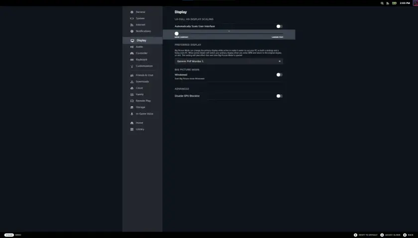 Ustawienia Steam: zakładka Wyświetlanie, opcja Big Picture Mode Windowed.
