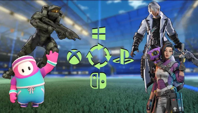 Gry cross play Xbox PC: Master Chief, Fall Guy, Dante i Ash z Apex Legends na tle stadionu.