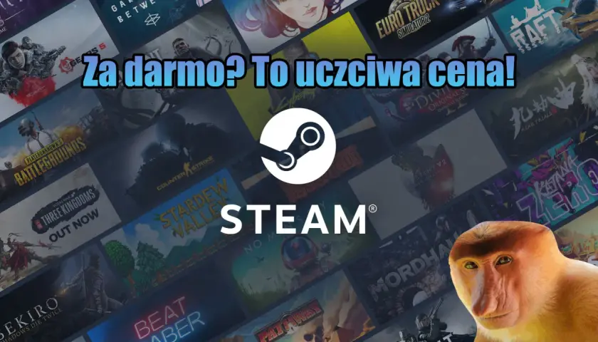 Jak mieć darmowe gry na Steam? Tytuły gier na tle, logo Steam i małpa nosacz.