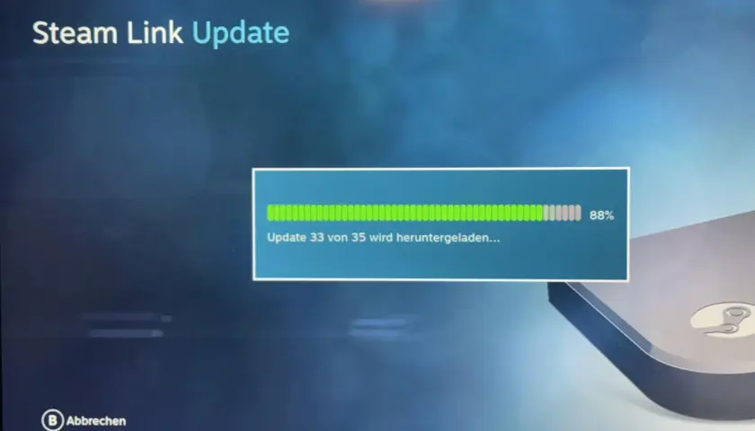 Ekran Steam Link Update pokazuje postęp pobierania aktualizacji 33 z 35. Gdzie jest link do wymiany Steam?