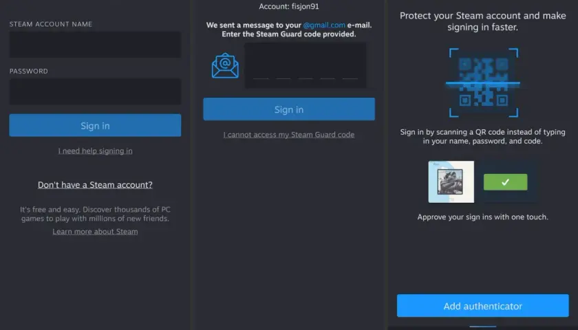 Ekran logowania Steam. Dowiedz się, jak zmienić hasło na Steam na telefonie, logując się lub dodając uwierzytelniacz.