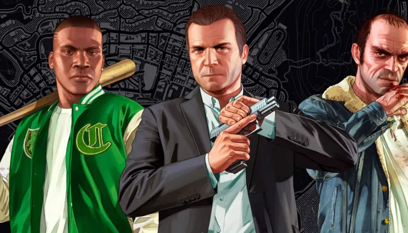 Trzech bohaterów GTA V: Franklin z kijem baseballowym, Michael z pistoletem i Trevor z zakrwawioną ręką. Szukasz kodów do GTA V Xbox?