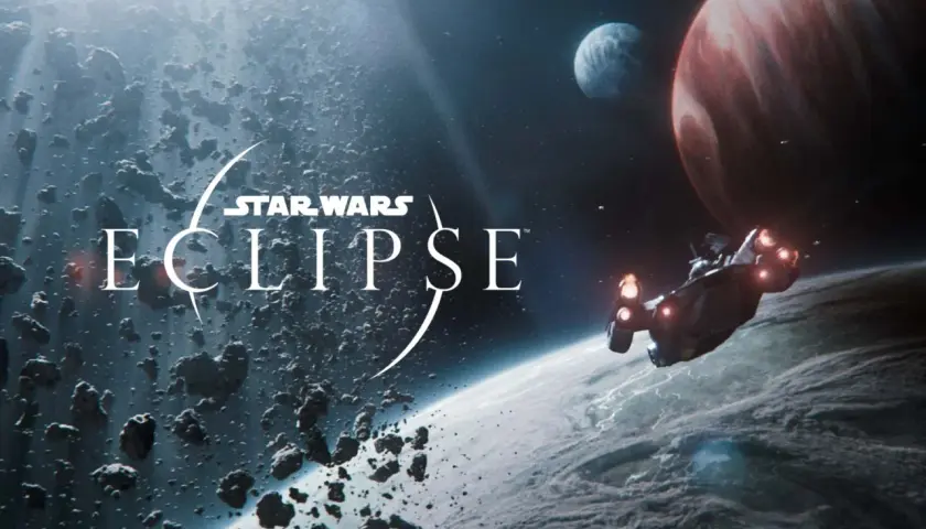 Statek kosmiczny leci przez pole asteroid w kierunku planety. W tle widać gazowego giganta i księżyc. Napis "Star Wars Eclipse" sugeruje mroczną przyszłość galaktyki.