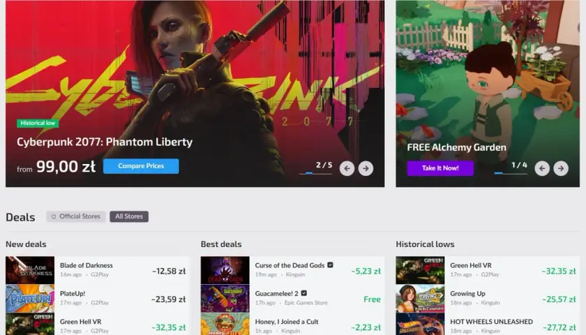 Cyberpunk 2077: Phantom Liberty w cenie 99 zł, szukaj najtańsza gra na Steam. Obok darmowy ogród alchemiczny.