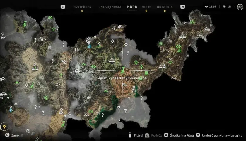 Mapa Horizon Zero Dawn z zaznaczonymi celami, w tym Żyrafem: Cynobrzany (ukończono).