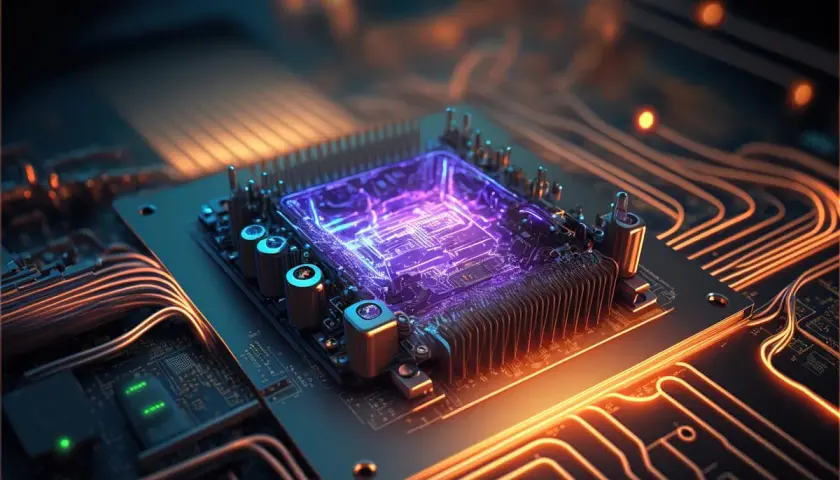 Elektroniczny rdzeń komputera, świecący na fioletowo, z miedzianymi ścieżkami. To serce, które zapewnia dobry procesor do gier.