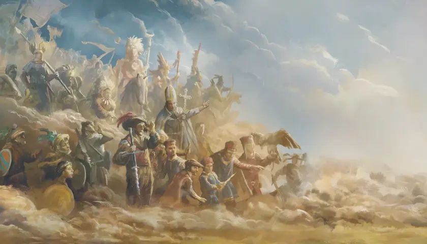 Papież błogosławi armię w chmurach, symbolizującą epokę Europa Universalis II. Widać żołnierzy, wojowników z pióropuszami i orła.