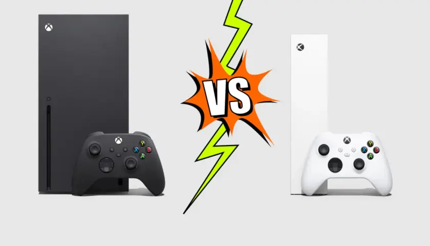 Czarny Xbox Series X i biały Xbox Series S obok siebie, z grafiką VS pośrodku. Który wybierzesz?