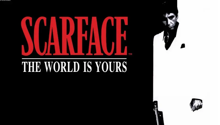 Scarface: The World Is Yours. Tony Montana w białym garniturze, z pistoletem, gotowy na podbój świata.
