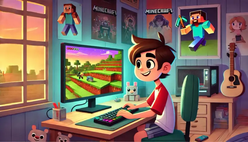 Chłopiec gra w gry online multiplayer, budując świat w stylu Minecraft. Na ścianie plakaty z gry i gitara.