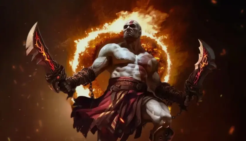 Kratos z płonącymi ostrzami, otoczony ogniem, w epickiej scenie god of war remake.