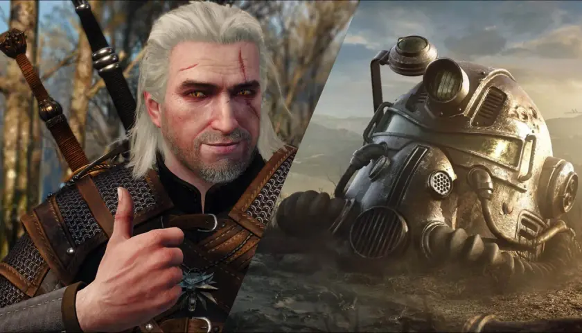 Geralt z Rivii i hełm z gry Fallout. Dwa światy, wiele niezapomnianych cytatów z gier.
