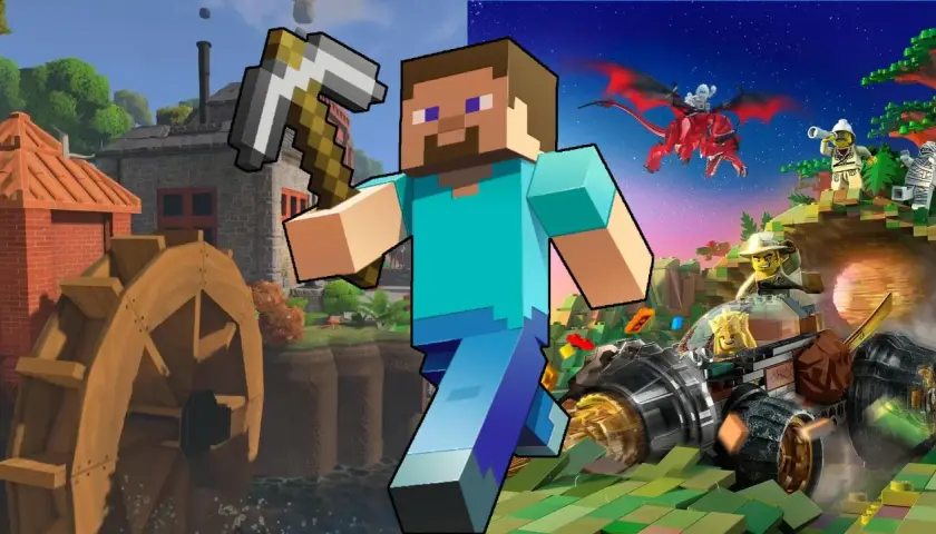Steve z kilofem w ręku, obok budowli i wodnego koła, a po drugiej stronie smoki i pojazdy z klocków. Gry podobne do Minecraft.