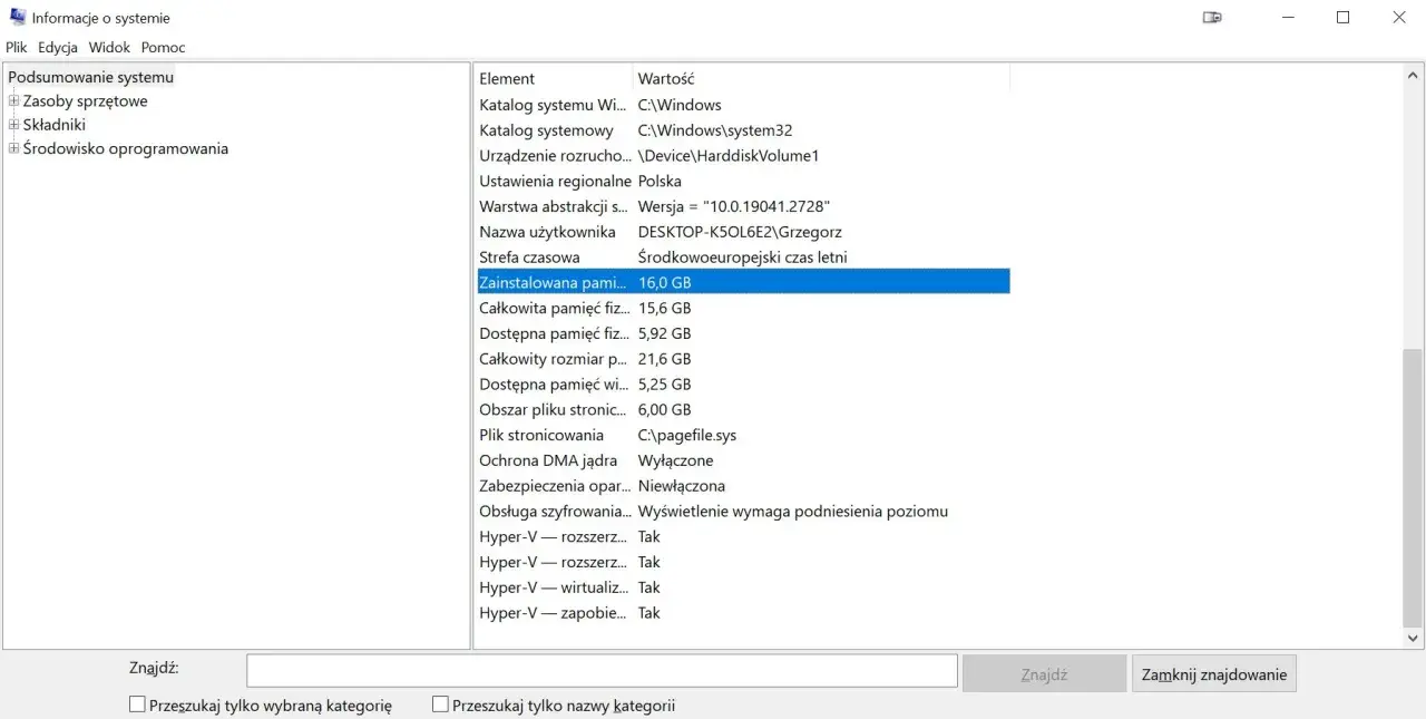 Informacje o systemie: jak sprawdzić jaki mam RAM? Zainstalowana pamięć fizyczna: 16,0 GB.