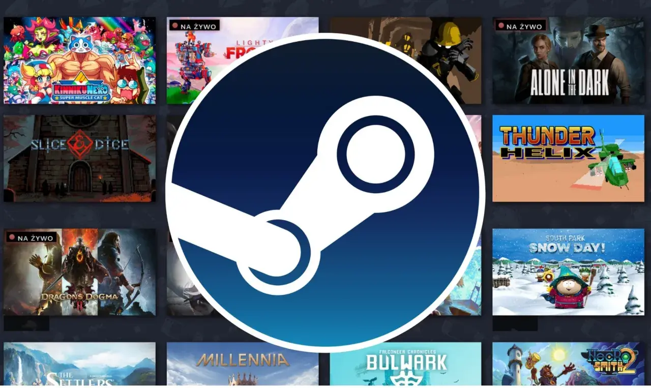 Ikona Steam na tle okładek gier. Zastanawiasz się, dlaczego Steam nie chce się włączyć? Może problem leży w połączeniu lub aktualizacji.