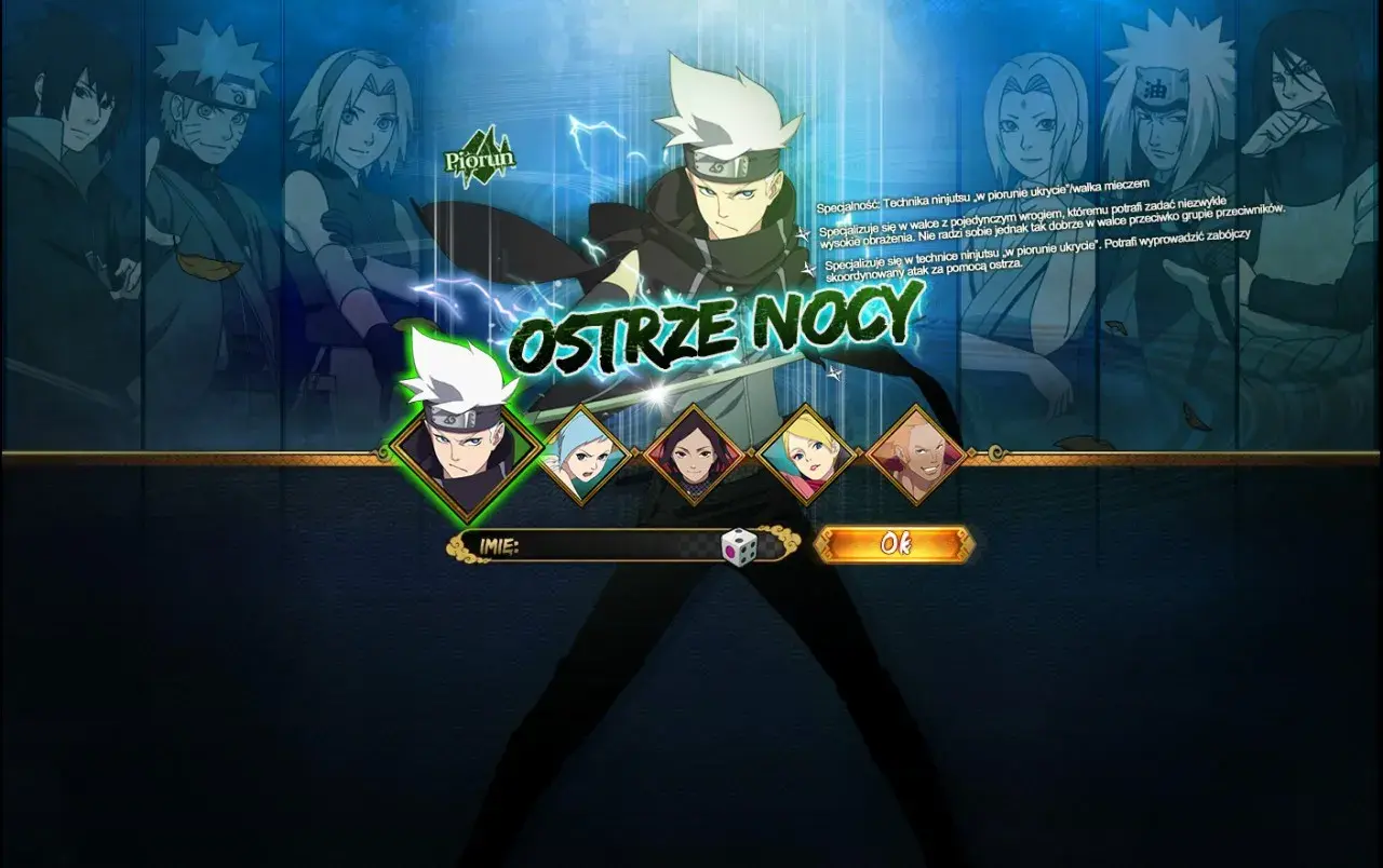 Wybierz postać w grze Naruto Online PL. Piorun i Ostrze Nocy to tylko niektóre z opcji.