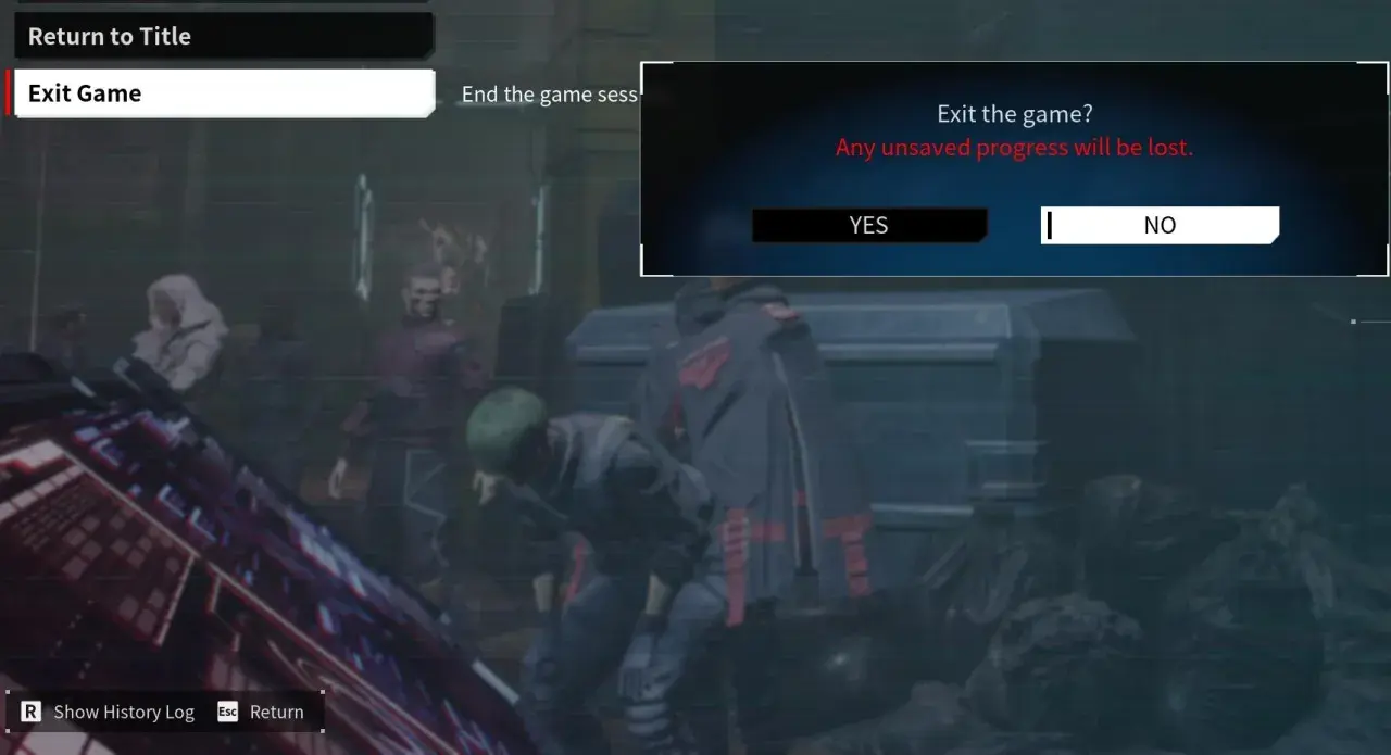 Menu gry z opcją "Exit Game" i pytaniem "Exit the game?". Wybierz "YES" lub "NO", aby zakończyć grę. Jak wyjść z trybu pełnoekranowego Steam.