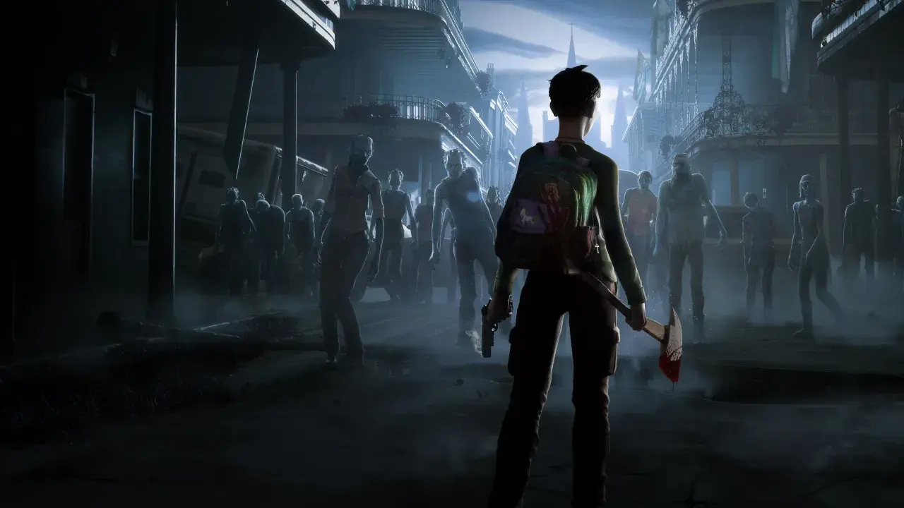 Dziewczyna z toporem i pistoletem stawia czoła hordzie zombie w mrocznym mieście. To scena z gry The Walking Dead.