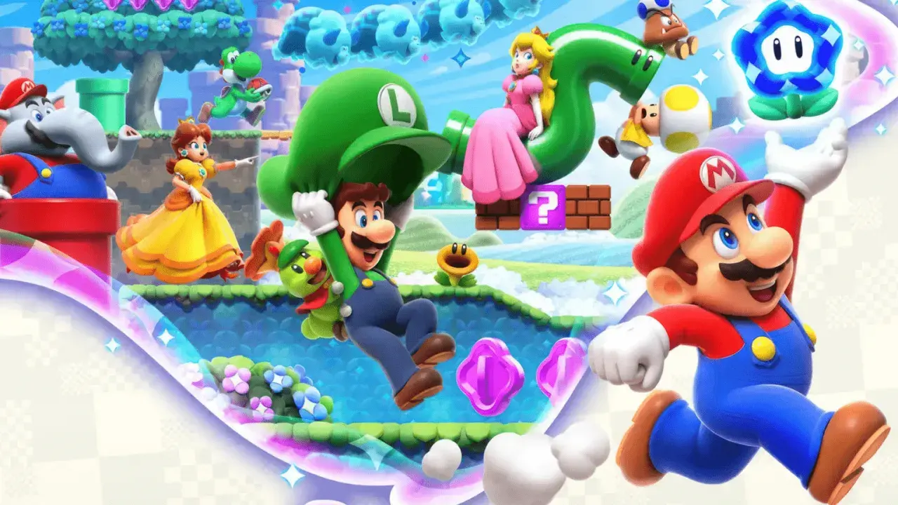 Mario Bros Wonder: Mario, Luigi, Peach, Daisy, Yoshi i inni bohaterowie w kolorowym świecie gry.
