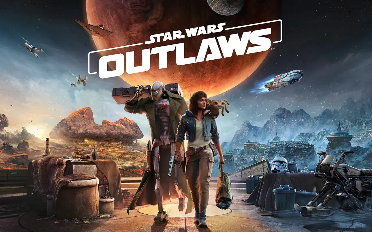 Postapokaliptyczny krajobraz, para bohaterów i logo gry Star Wars Outlaws. W tle statki kosmiczne i ogromna czerwona planeta.