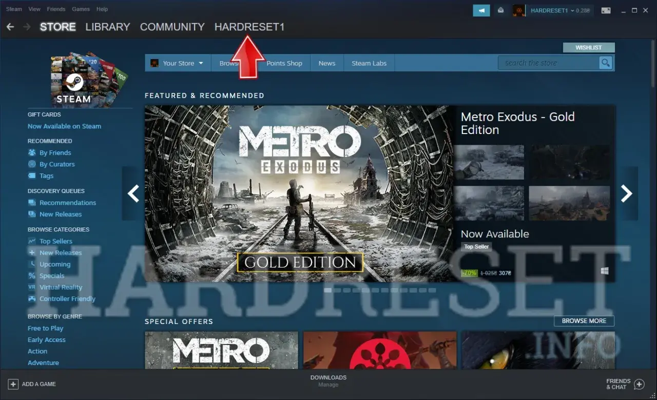 Jak sprawdzić kod URL Steam? Na zrzucie ekranu widać okno aplikacji Steam z podświetloną nazwą użytkownika "HARDRESET1" na górnym pasku.