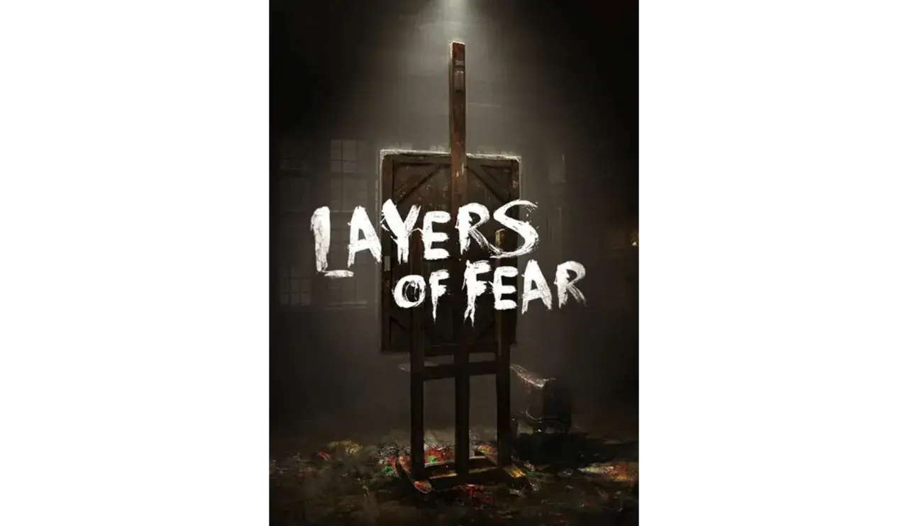 Mroczne studio malarskie z sztalugą i drzwiami, na których widnieje napis "LAYERS OF FEAR". Wokół rozrzucone farby, sugerujące artystyczny chaos i **layers of fear**.