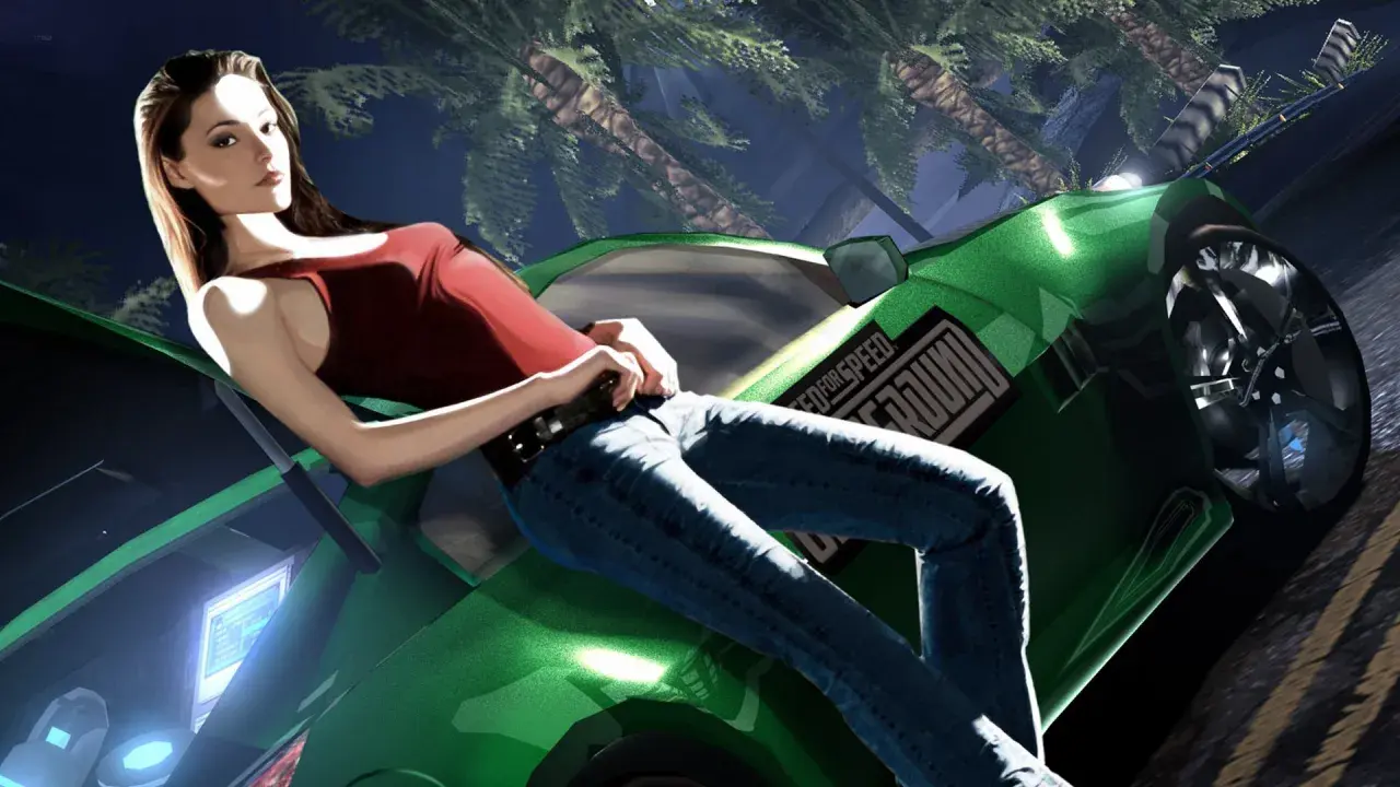 Dziewczyna w dżinsach i czerwonym topie opiera się o błyszczący zielony samochód z logo Need for Speed Underground.