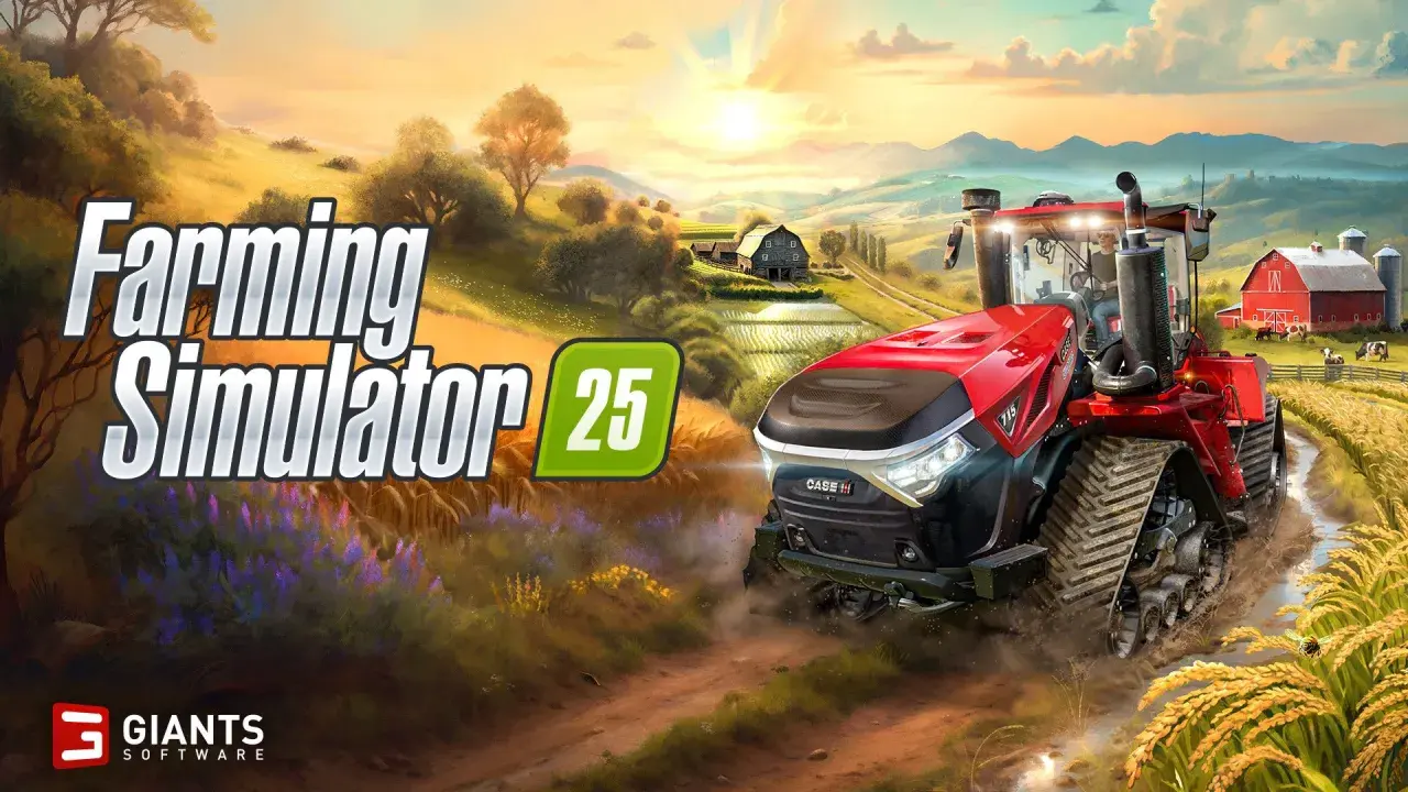 Czerwony traktor pędzi przez pole w grze Farming Simulator 25 PS4. Słońce zachodzi nad malowniczym krajobrazem.