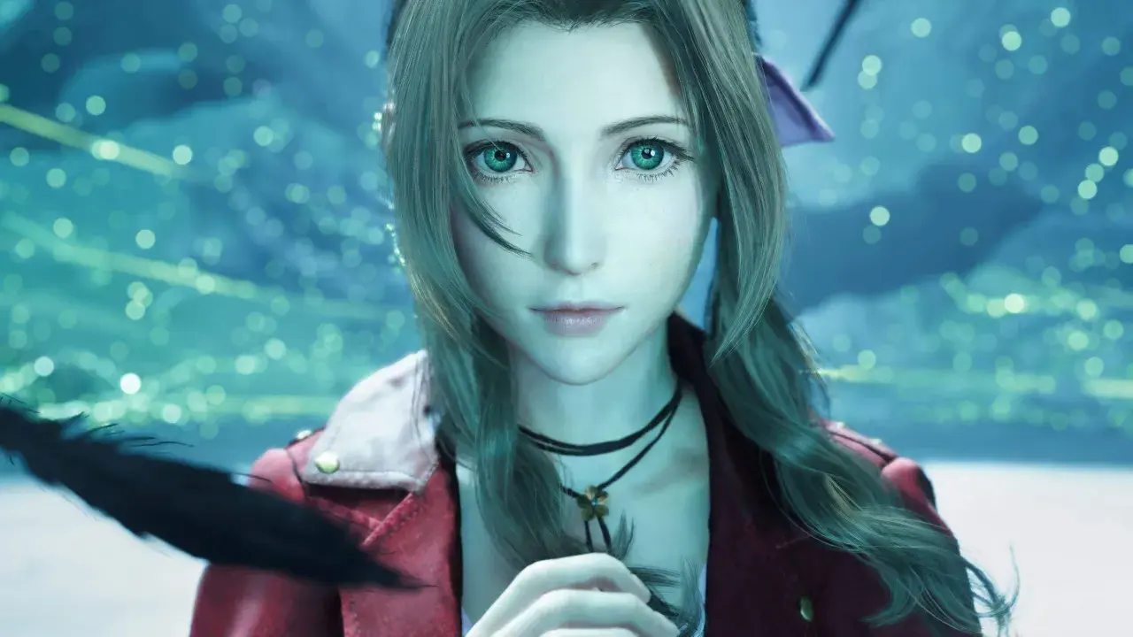 Aerith z Final Fantasy VII Rebirth z zielonymi oczami i w czerwonej kurtce, w tle migoczące światła.