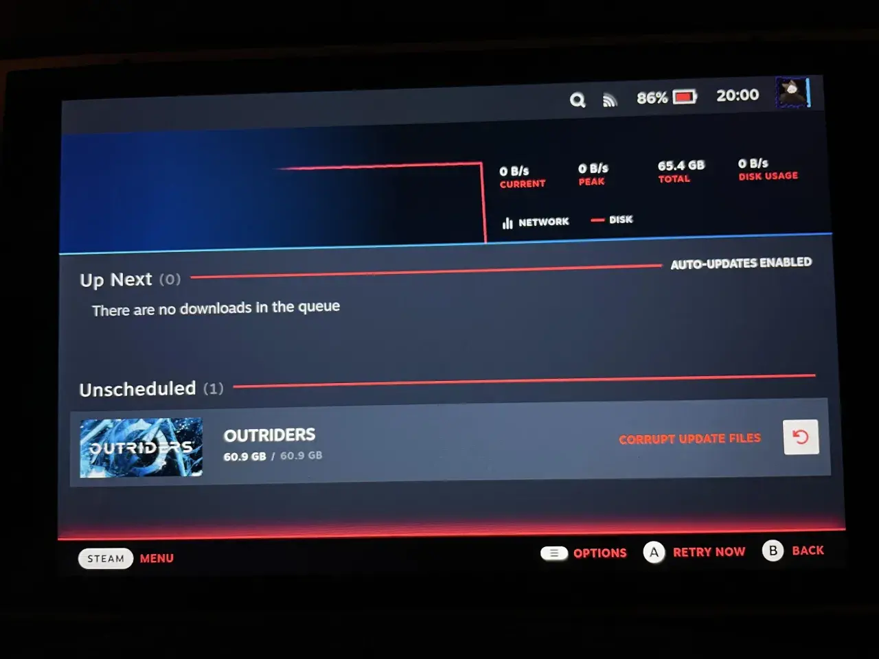 Steam: gra Outriders ma uszkodzone pliki aktualizacji. Brak pobrań w kolejce, ale jedna gra czeka na ponowną próbę.