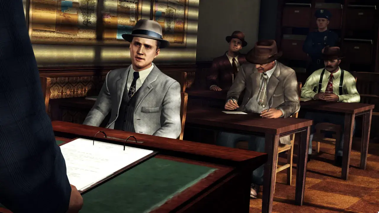 Detektyw Cole Phelps przesłuchuje świadków w sprawie, która może być kluczowa dla **la noire spolszczenie**.